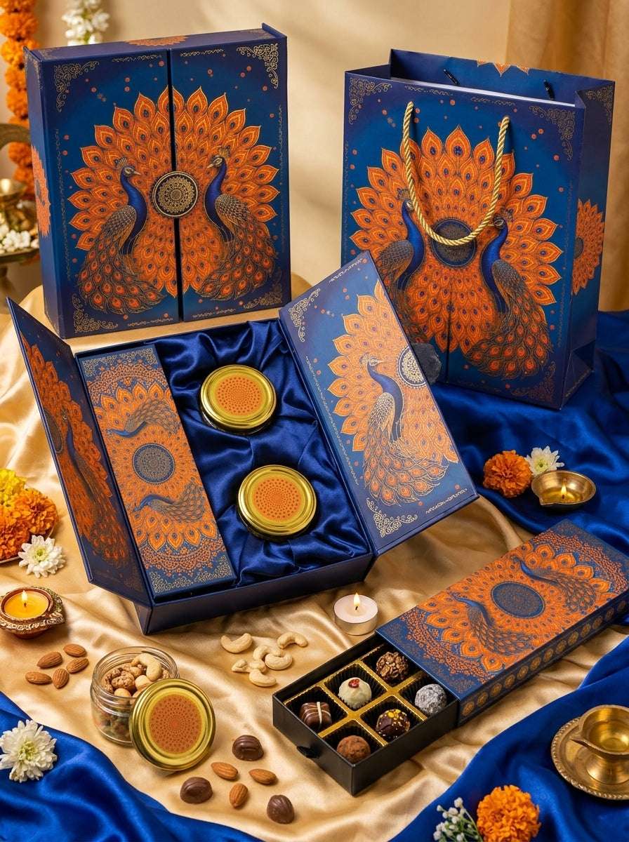 Peacock Door Style Gift Box | 2 Jars + 12 Cavity Chocolate Tray