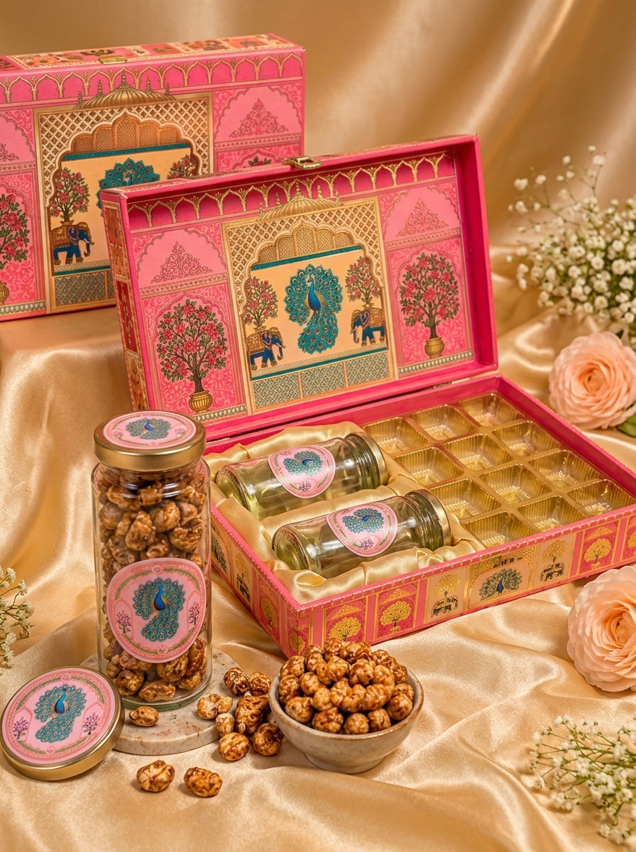 Pink Peacock Elephant Gift Box | 2 Tall Jars + 12 Cavity Tray