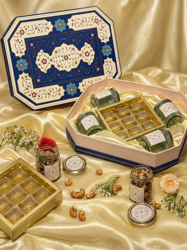 Octagon Navy Floral Gift Box | 4 Jars + 9 Cavity Chocolate Tray