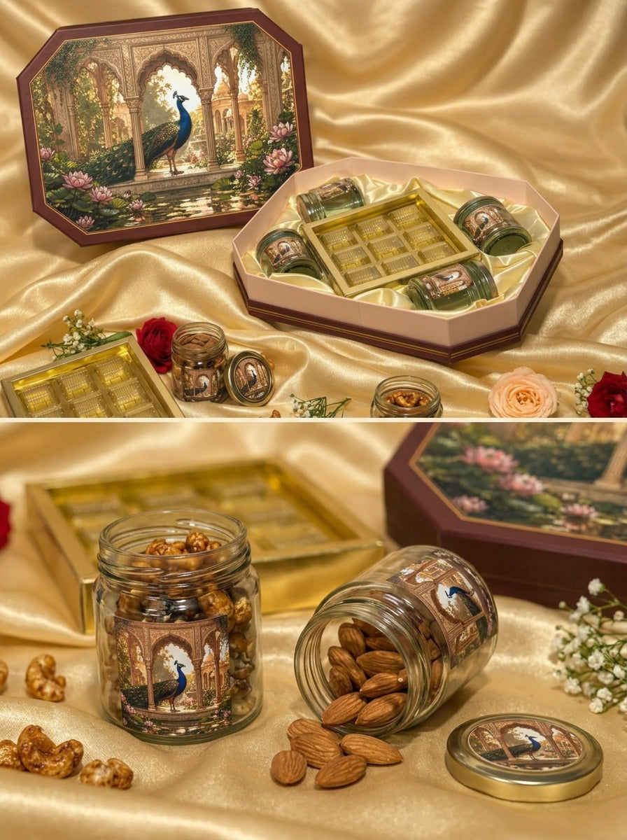 Octagon Peacock Garden Gift Box | 4 Jars + 9 Cavity Chocolate Tray
