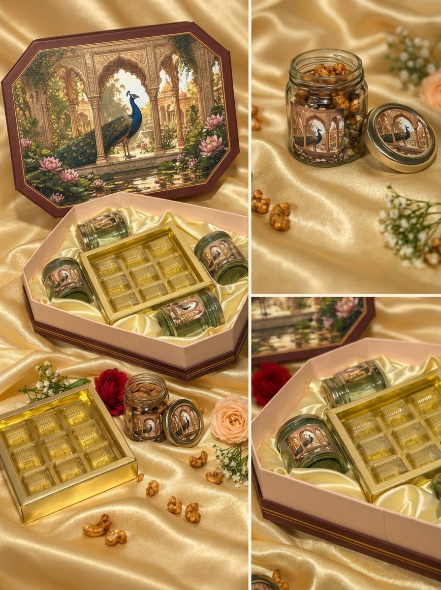 Octagon Peacock Garden Gift Box | 4 Jars + 9 Cavity Chocolate Tray