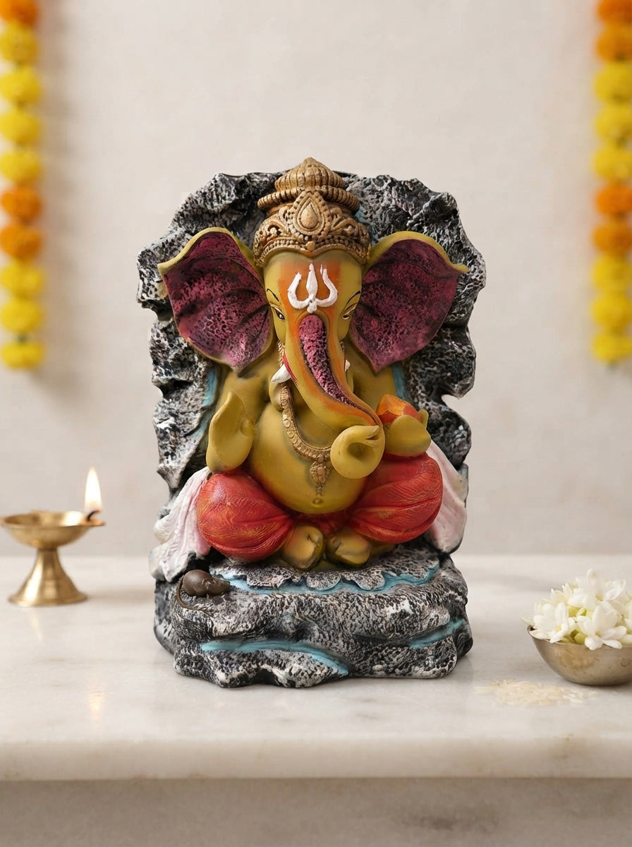 Rock Finish Lord Ganesha Statue 15" | Multicolor Hindu Decor