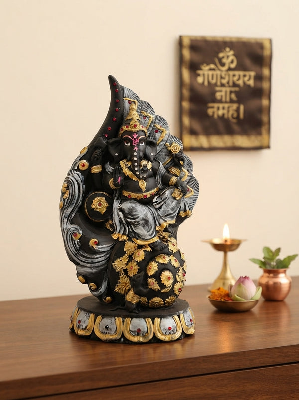 Black Gold Dancing Ganesha Statue 11.8" | Jewelled Hindu Decor