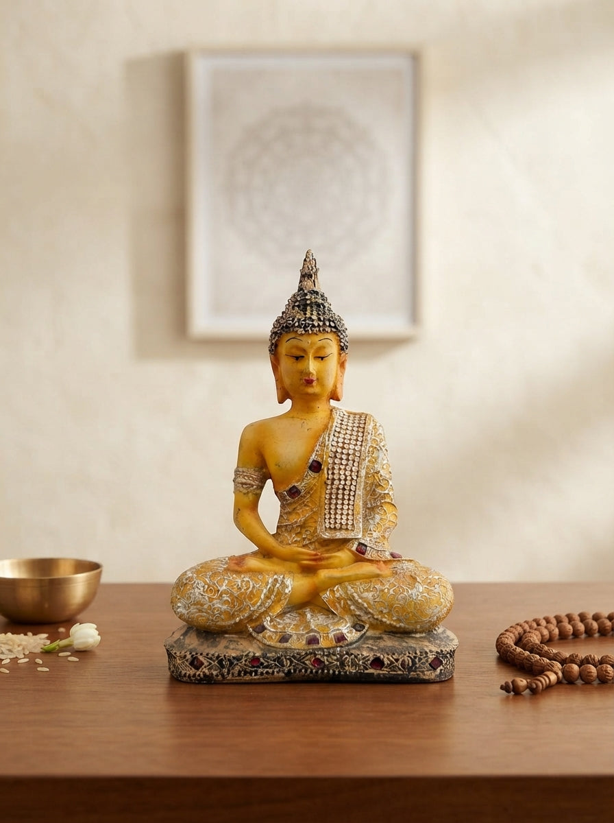 Gold Silver Meditating Buddha Statue | Jeweled Zen Decor