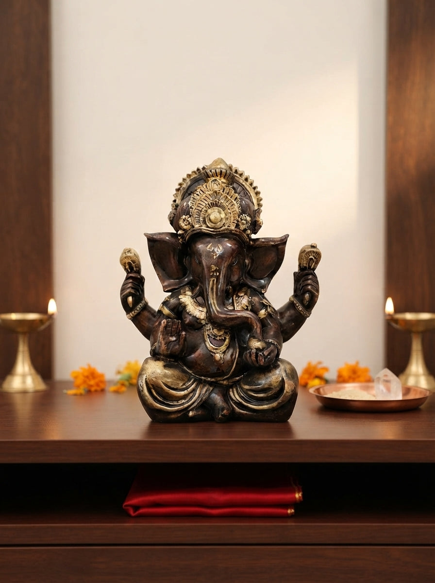 Bronze Antique Four-Armed Ganesha Statue 11.5" | Hindu Decor