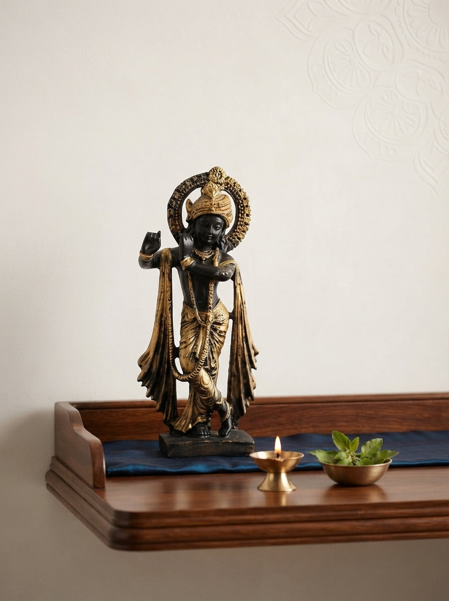 Lord Krishna Statue with Halo | Black & Gold Finish