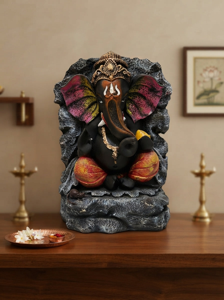 Rock Finish Lord Ganesha Statue 15" | Multicolor Hindu Decor