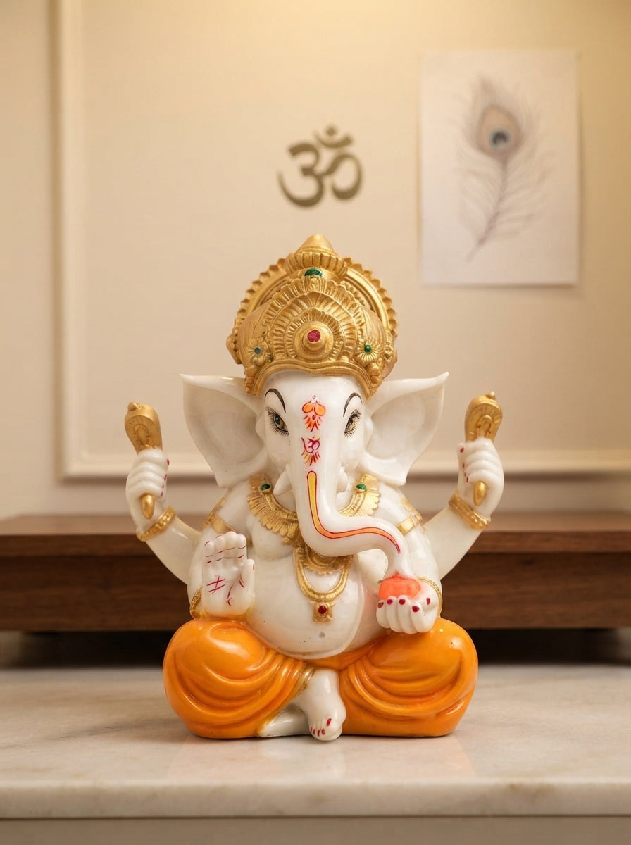 White Gold Marble Finish Ganesha Statue | Hindu Decor