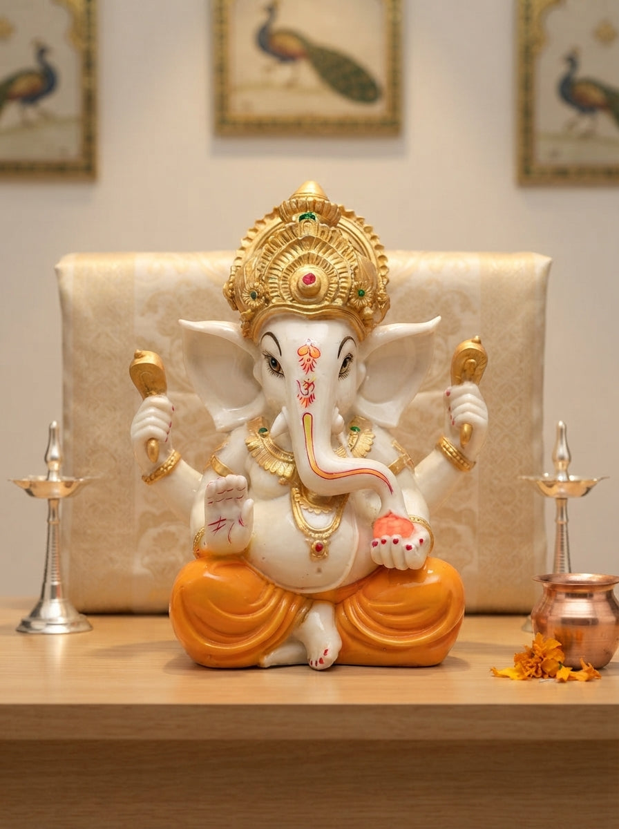 White Gold Marble Finish Ganesha Statue | Hindu Decor