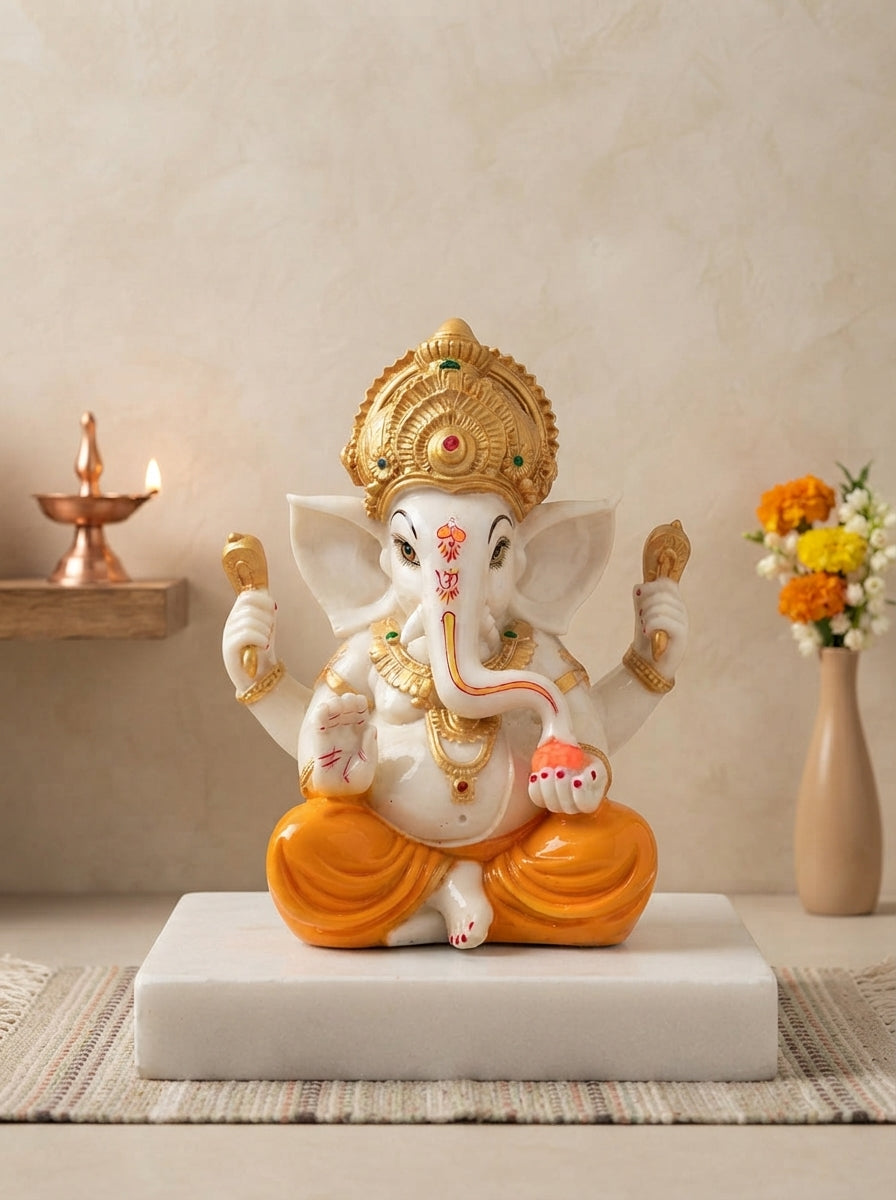 White Gold Marble Finish Ganesha Statue | Hindu Decor