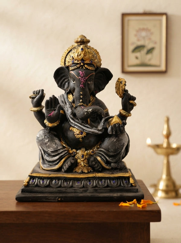 Grey Gold Four-Armed Ganesha Statue 9.8" | Hindu Decor