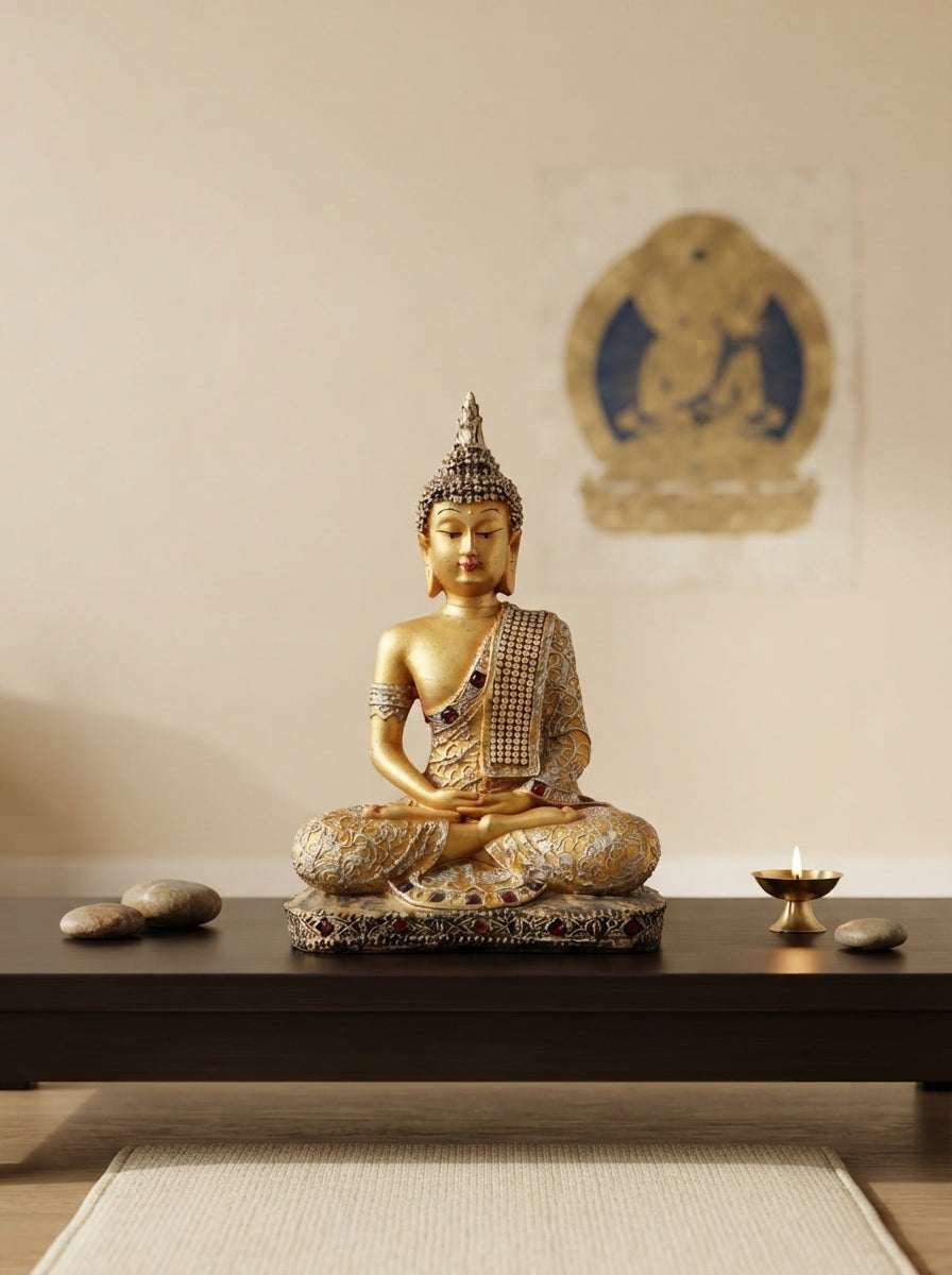 Gold Silver Meditating Buddha Statue | Jeweled Zen Decor