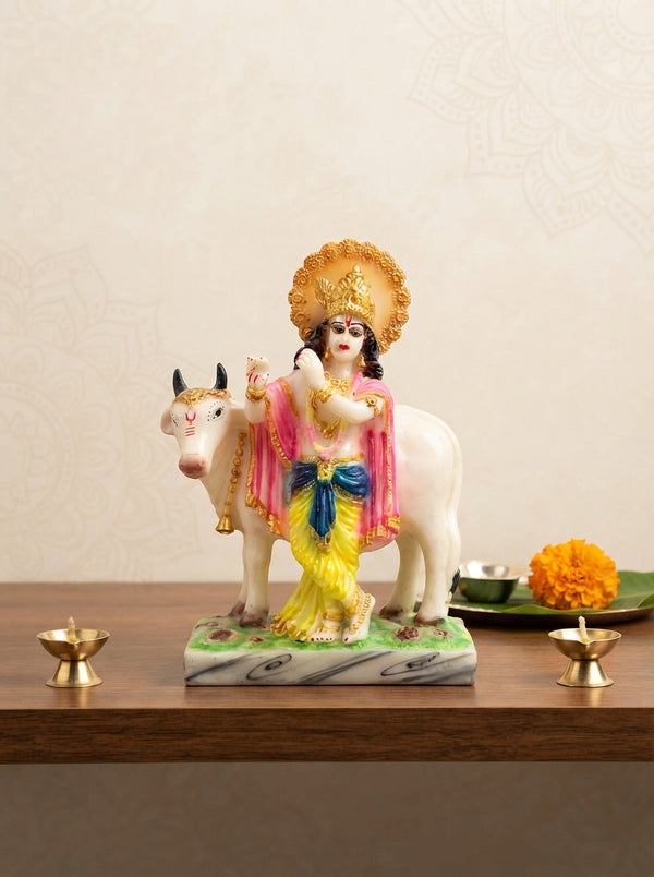 Lord Krishna Statue with Cow | White Marble Deity Figurine