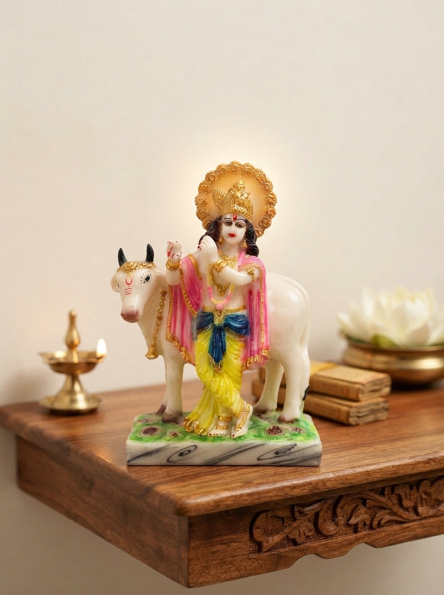 Lord Krishna Statue with Cow | White Marble Deity Figurine