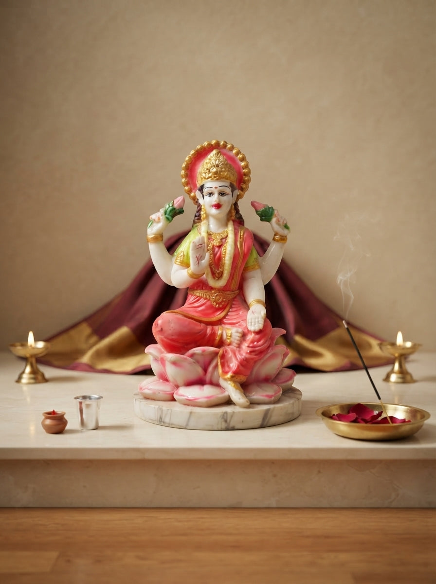 Goddess Lakshmi Statue | White Marble Deity on Lotus