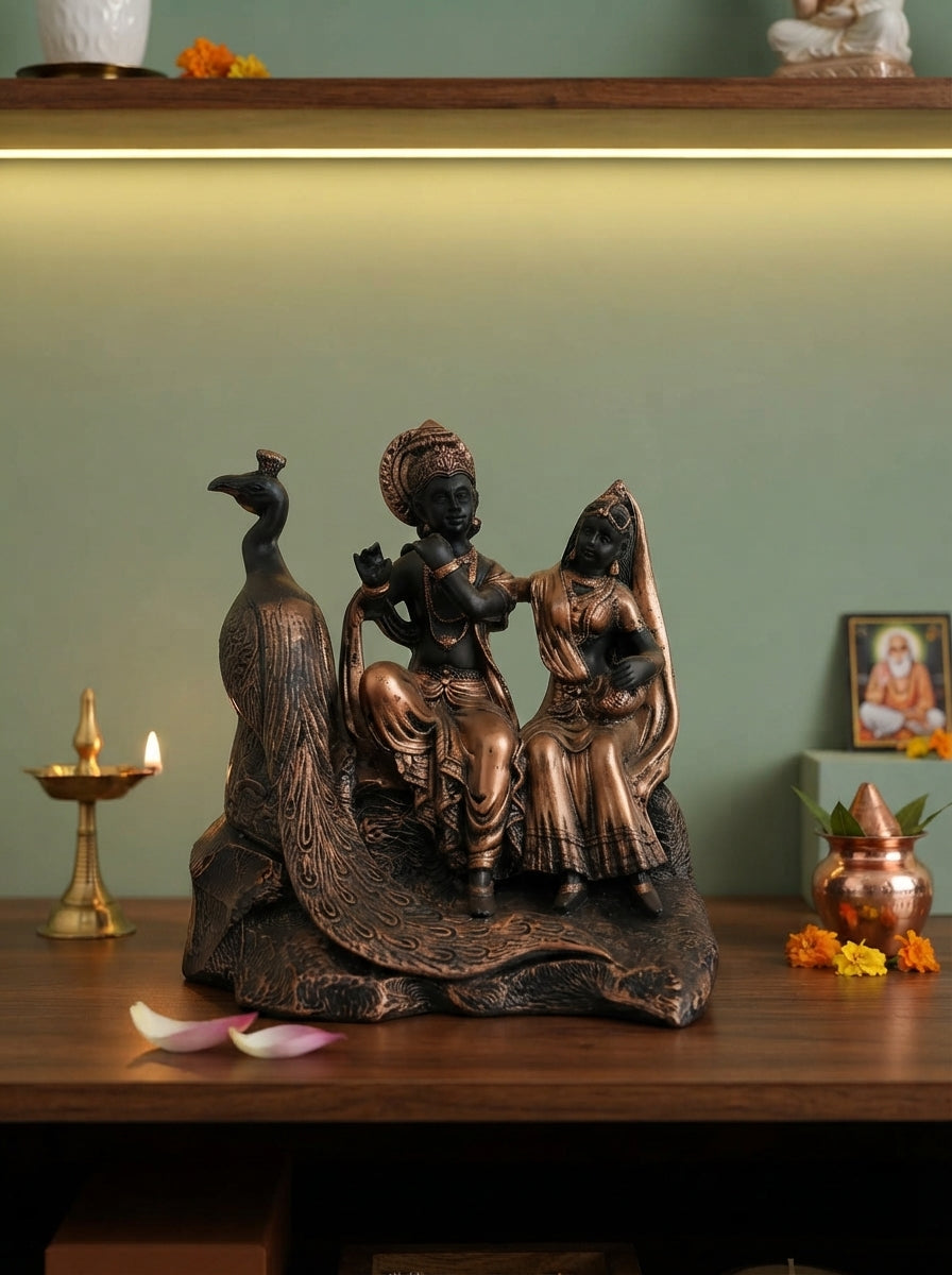 Radha Krishna Statue with Peacock | Antique Bronze Figurine
