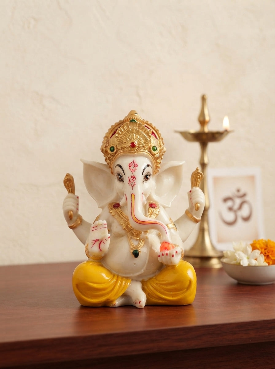White Marble-Finish Ganesha Statue | Gold Crown Idol