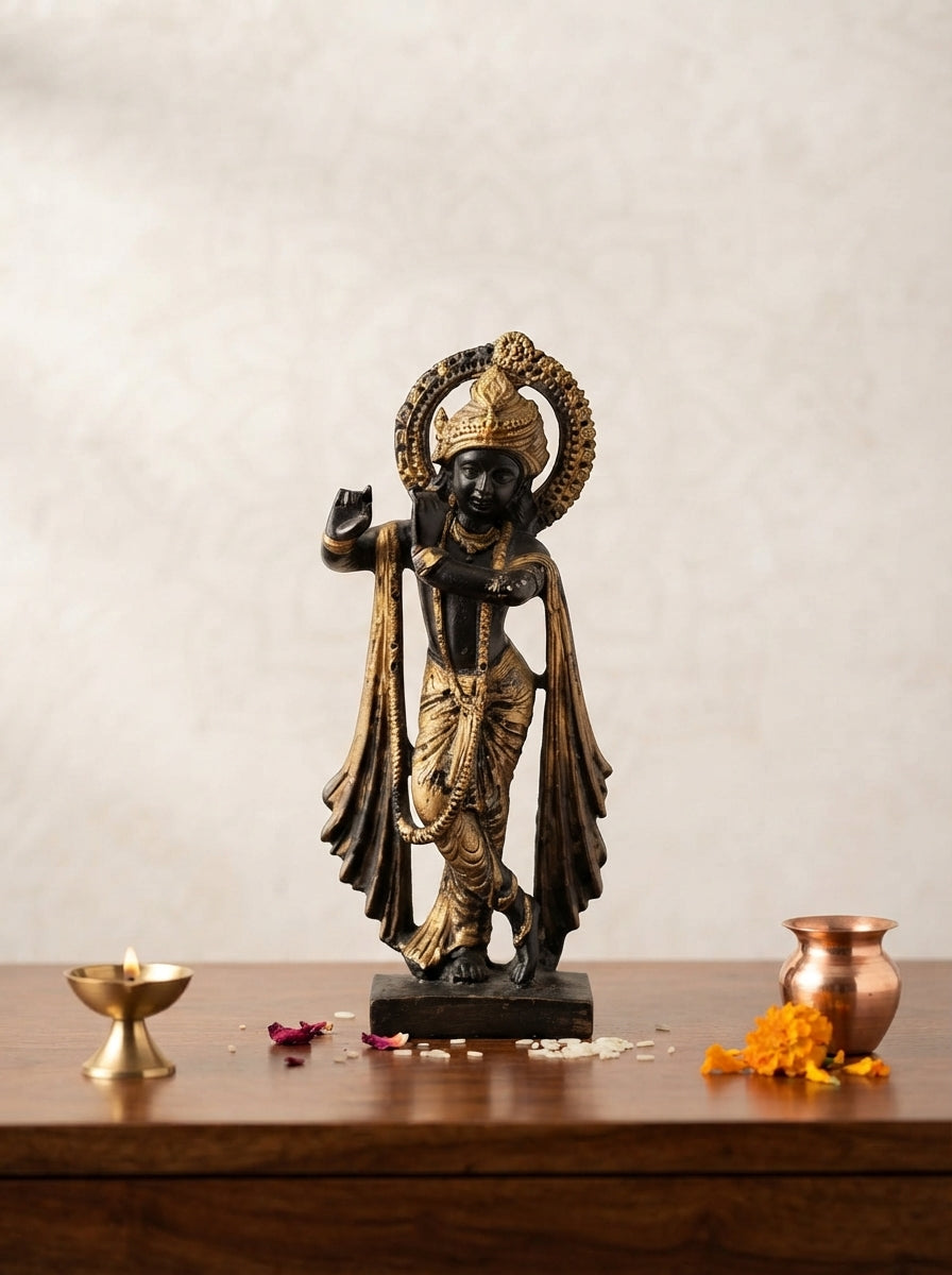 Lord Krishna Statue with Halo | Black & Gold Finish