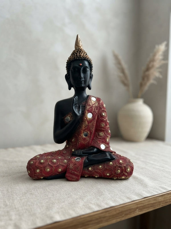 Thai Buddha Statue Red Robe | Black Gold Mirror Accent Decor