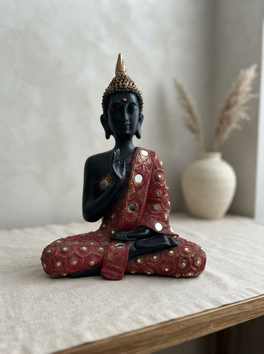 Thai Buddha Statue Red Robe | Black Gold Mirror Accent Decor