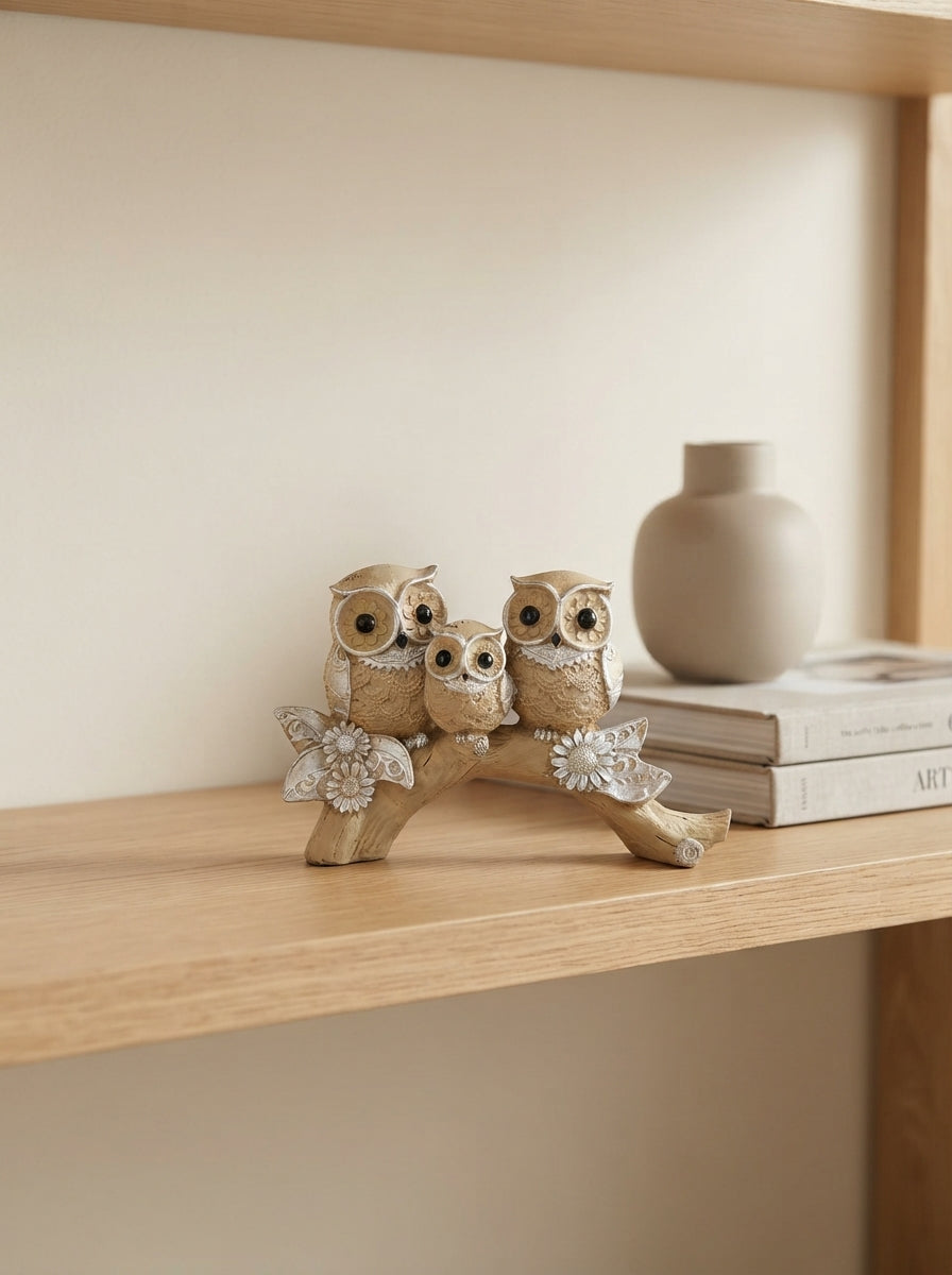 Owl Family Statue on Branch | Beige Silver Lace Owl Decor