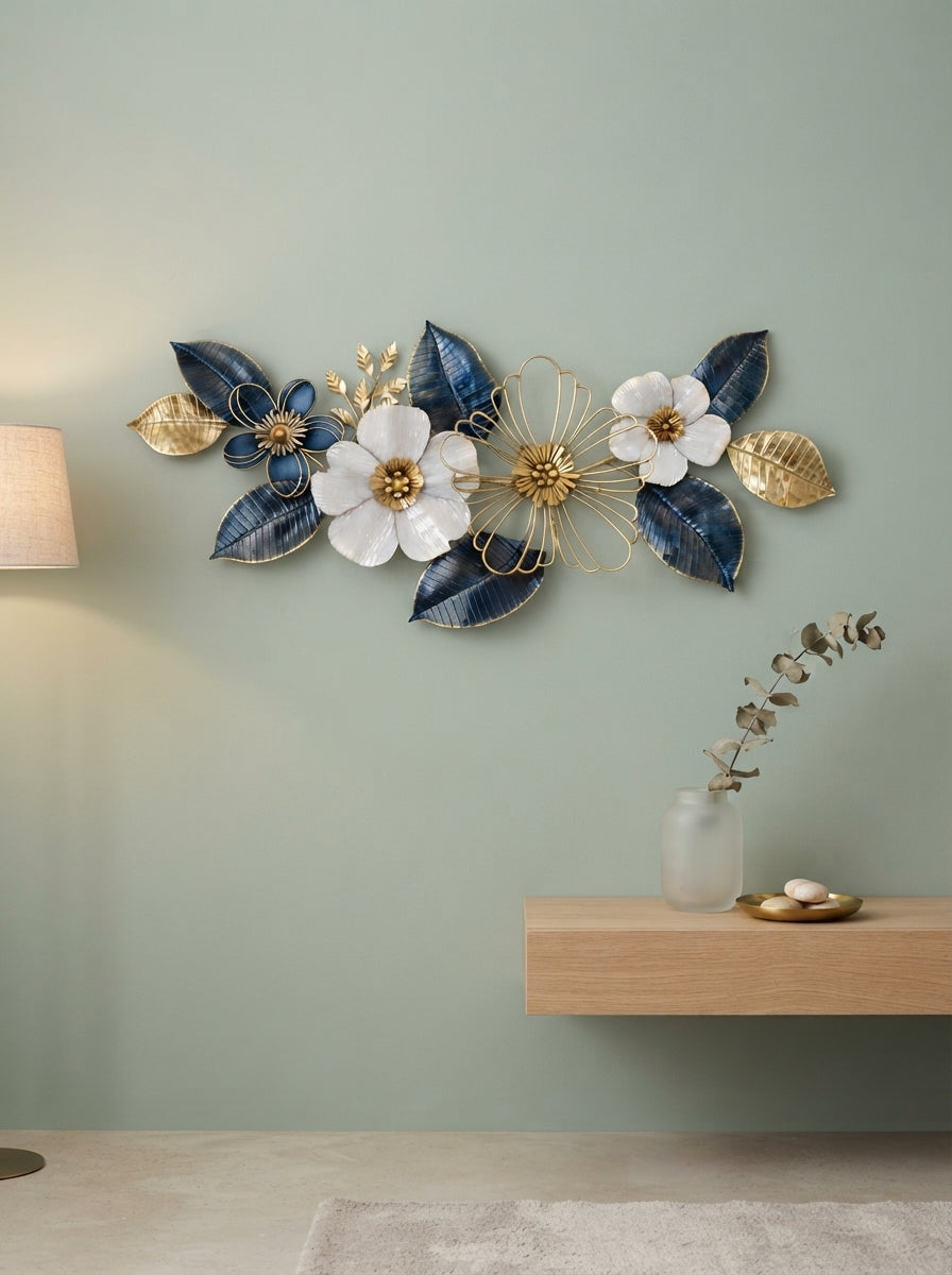 White and Golden Flowers Metal Wall Decor 50" x 26" – Elegant Large Flower Wall Art for Modern Home Interiors
