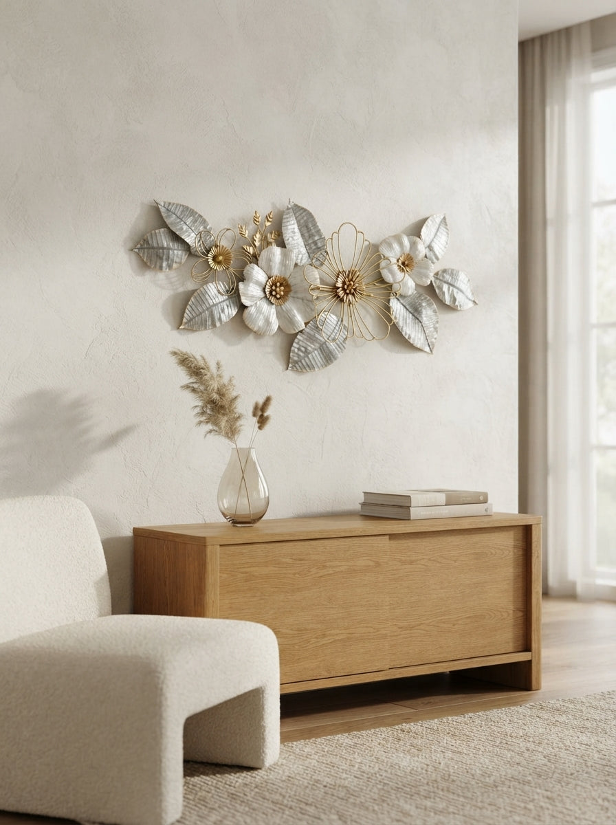 White and Golden Flowers Metal Wall Decor 50" x 26" – Elegant Large Flower Wall Art for Modern Home Interiors