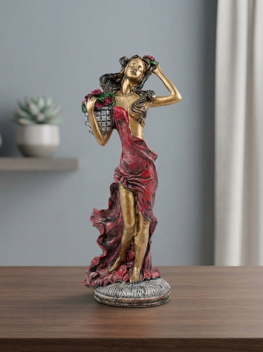 Flower Maiden Statue with Rose Basket | Bronze Art Nouveau