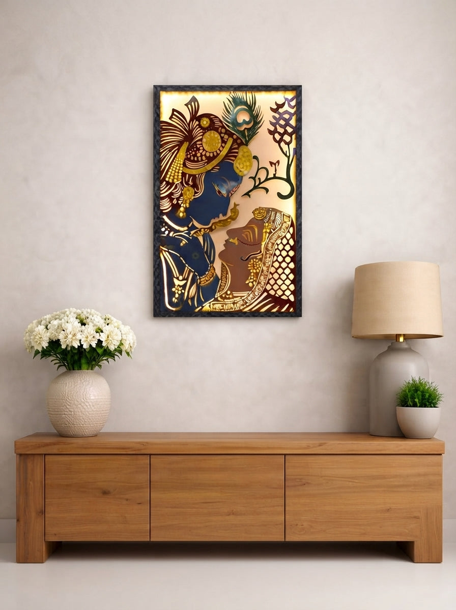 Radha Krishna Metal Wall Art | LED Backlit Framed Wall Decor
