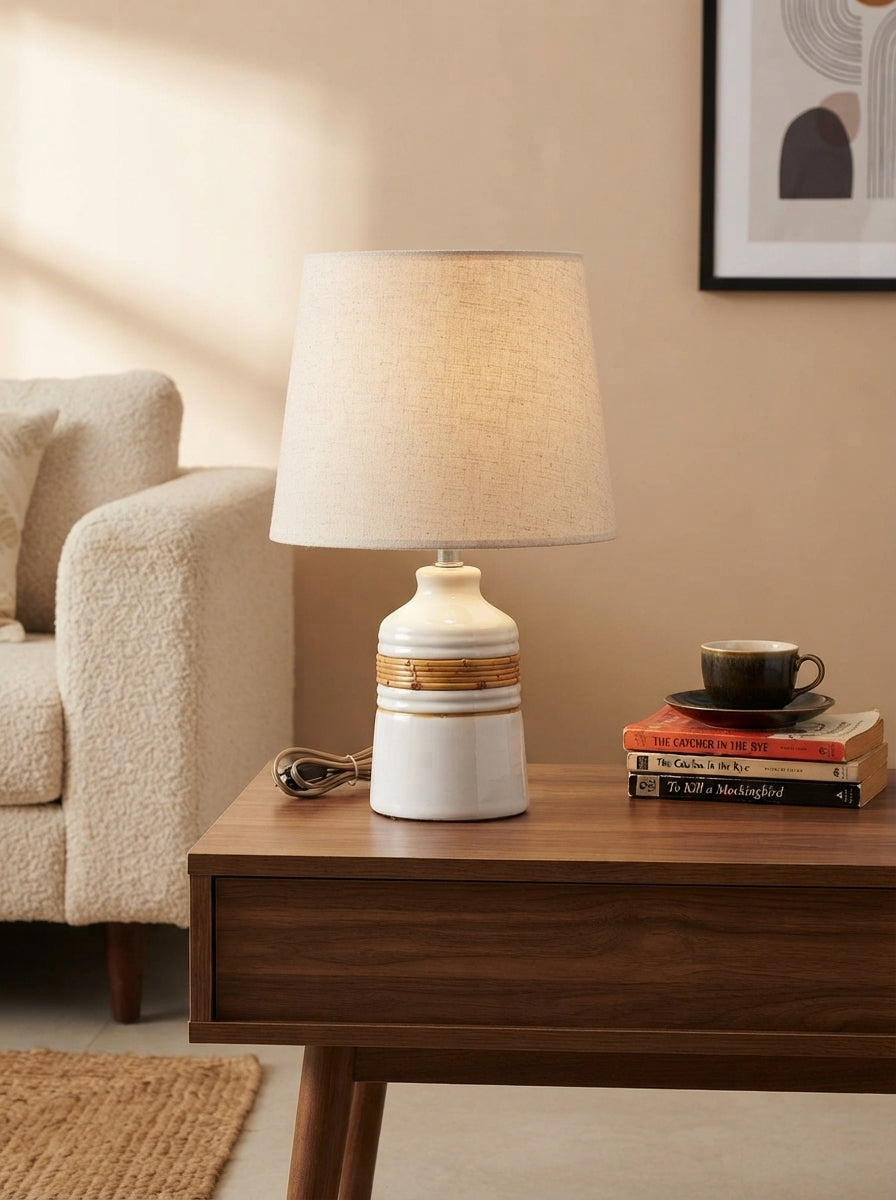 Ceramic Jar-Style Table Lamp | Ivory & Gold Band Base