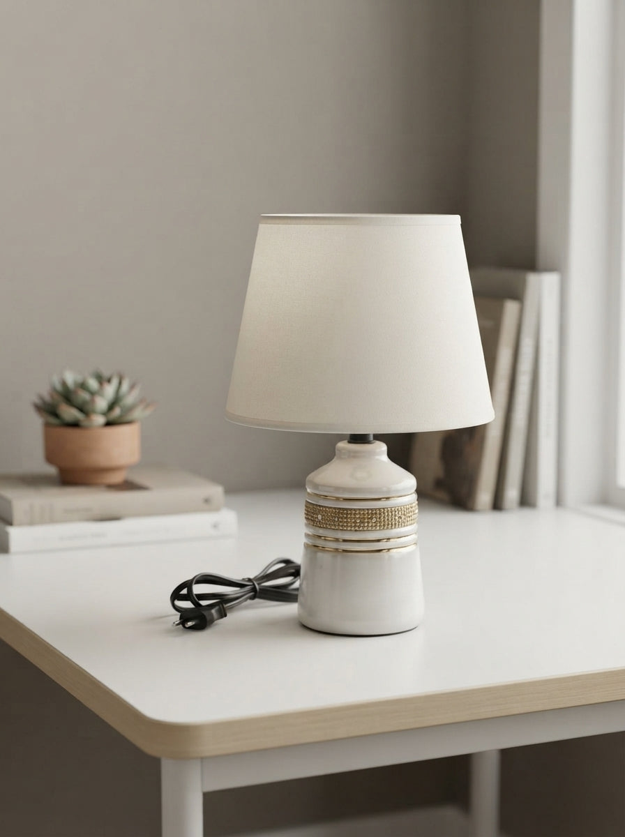 Ceramic Jar-Style Table Lamp | Ivory & Gold Band Base
