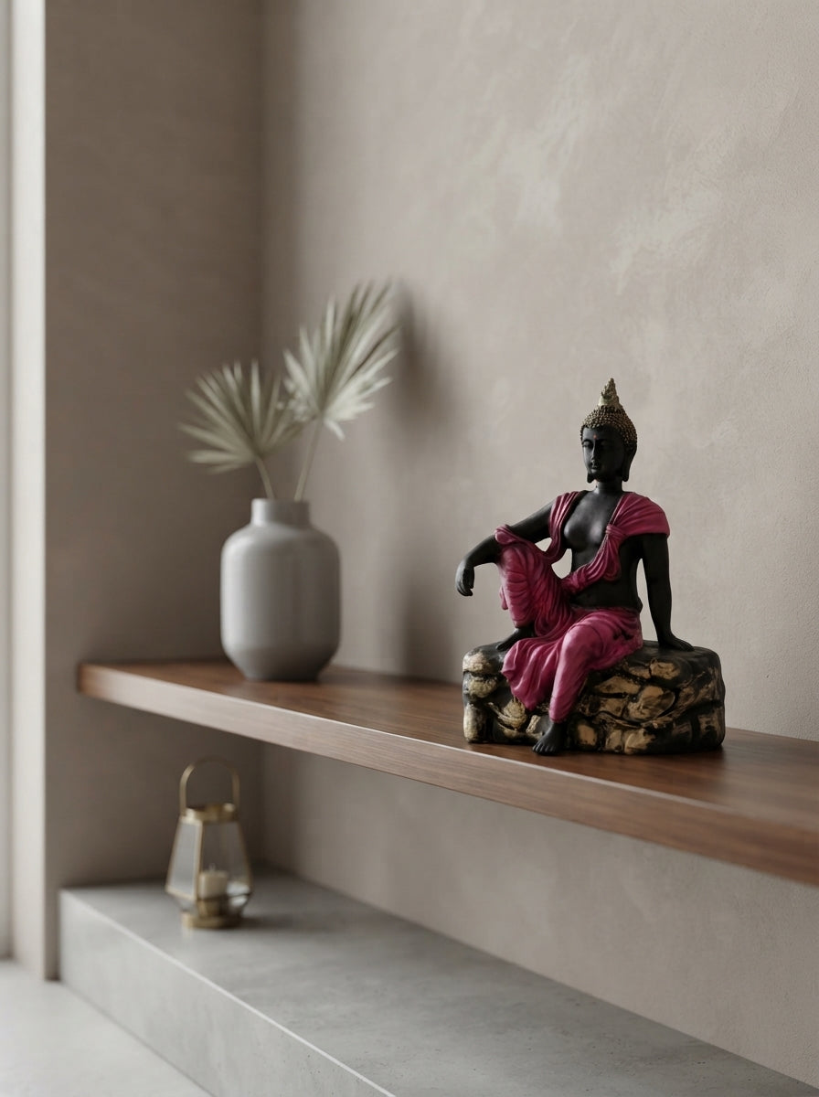 Black Magenta Relaxed Buddha Statue | Zen Decor