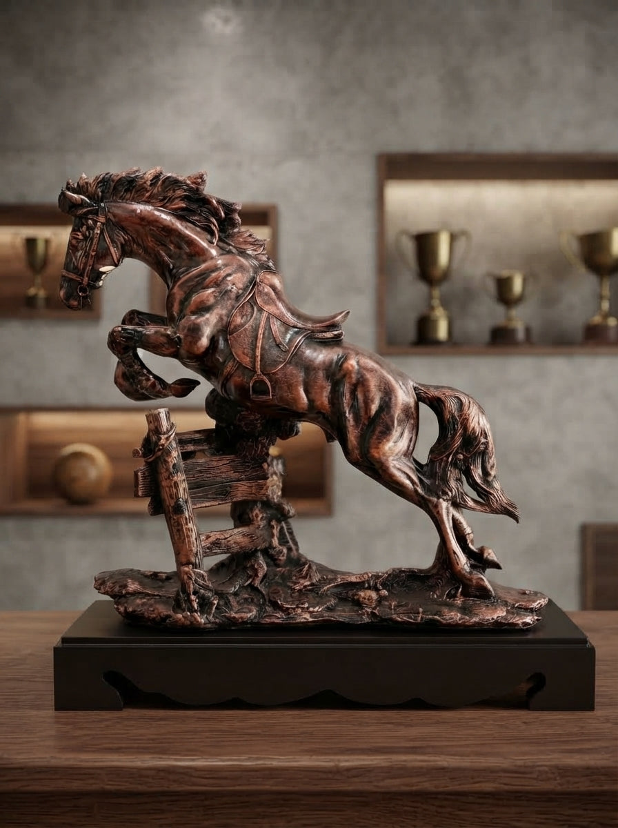 Bronze Finish Jumping Horse Statue | Elegant Equestrian Table Decor Showpiece