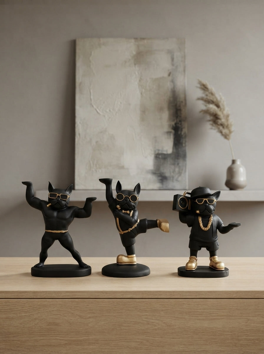 Gangster French Bulldog Statue Set | Black Gold Dog Figurine