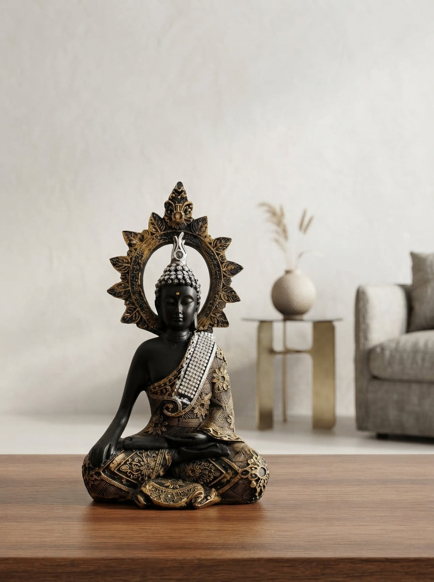 Sitting Buddha Statue with Halo 11.5" | Black Gold Zen Figurine