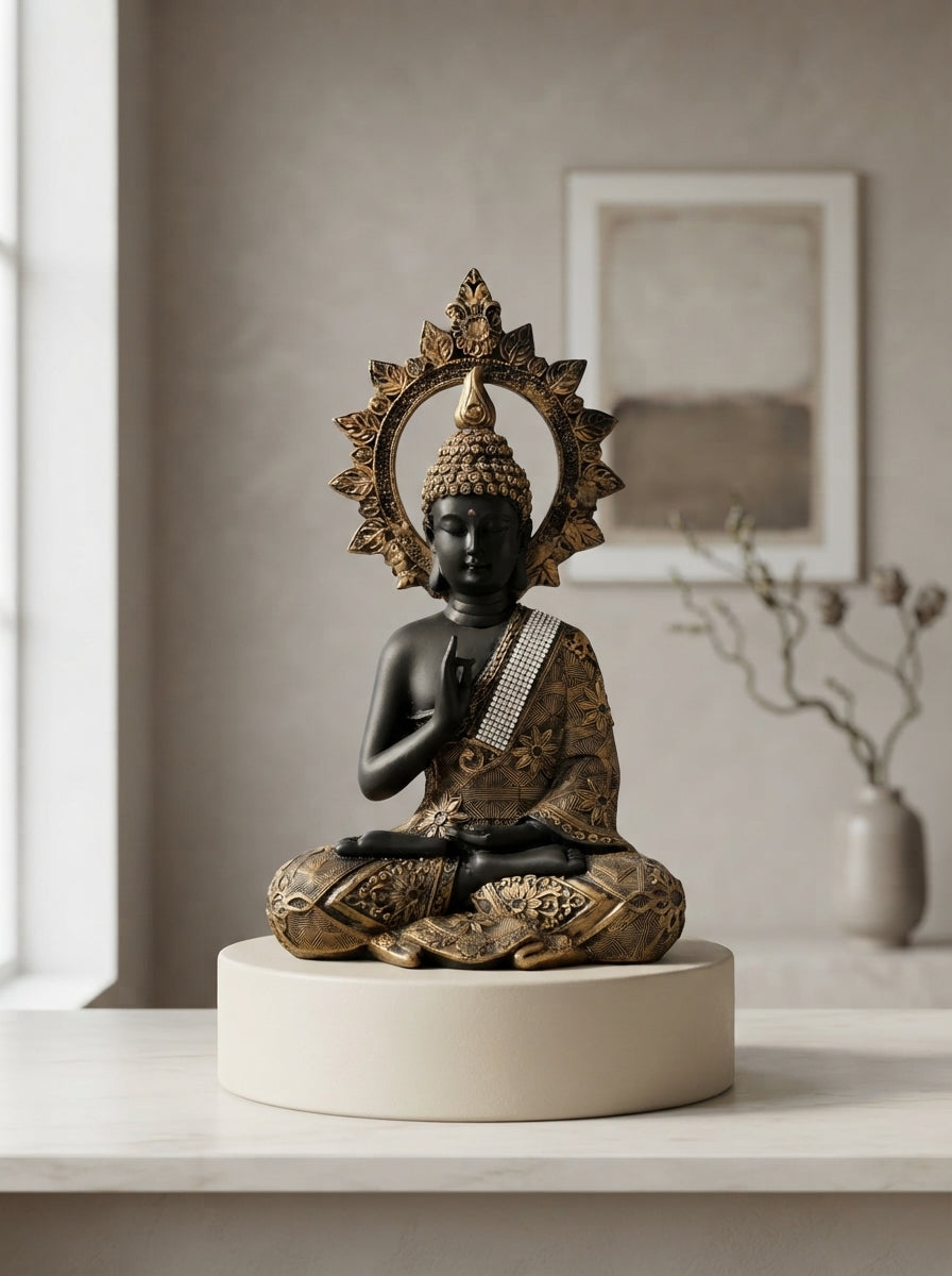 Meditating Buddha Statue with Halo 15.3"| Black Gold Zen Decor