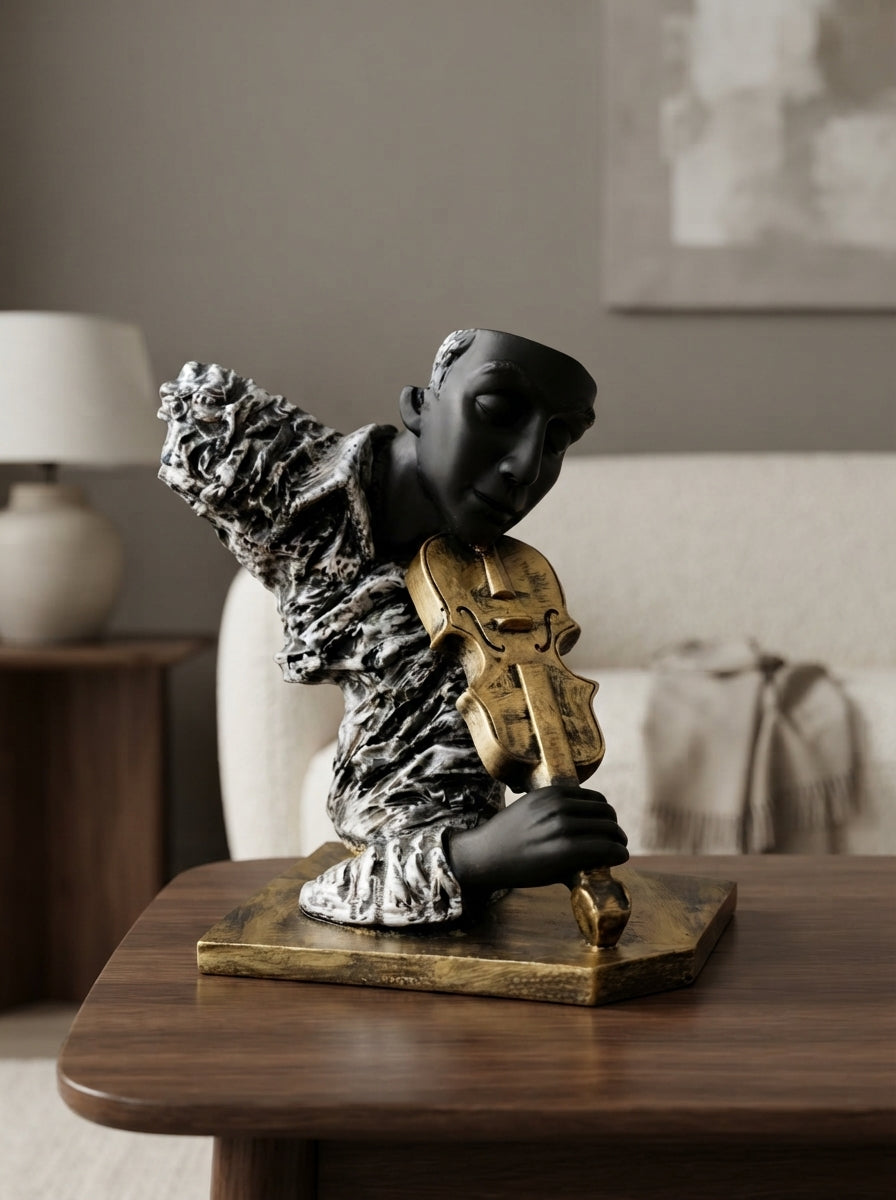 Violin Player Statue | Bronze Textured Musician Bust Decor