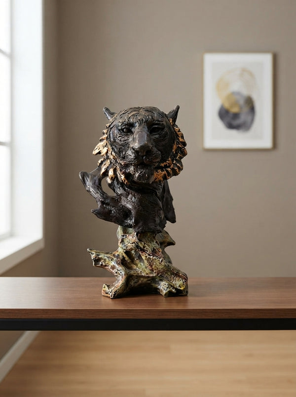 Tiger Head Bust Statue | Black Gold Wildlife Sculpture