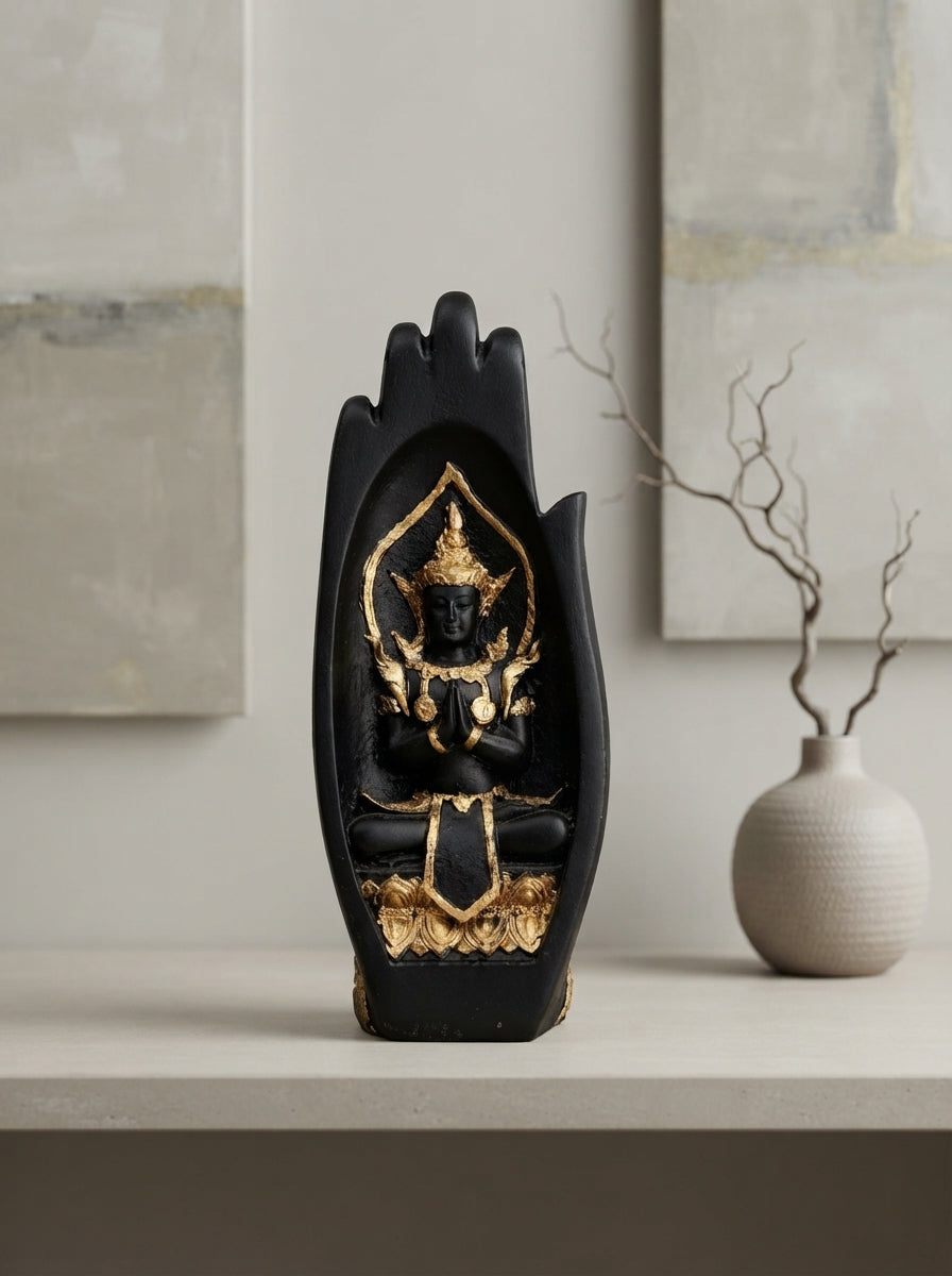 Black Gold Buddha Hand Statue | Zen Meditation Decor
