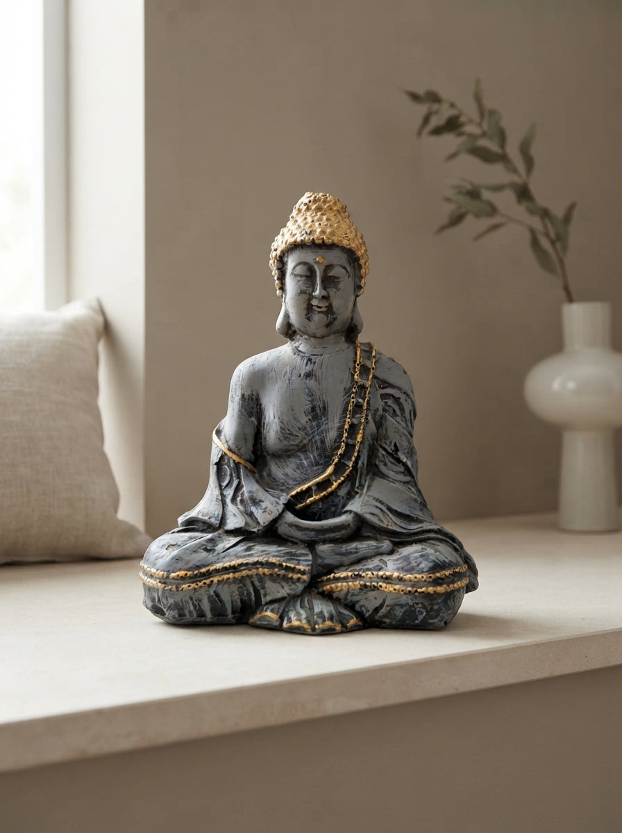 Stone Grey Gold Buddha Statue | Zen Decor