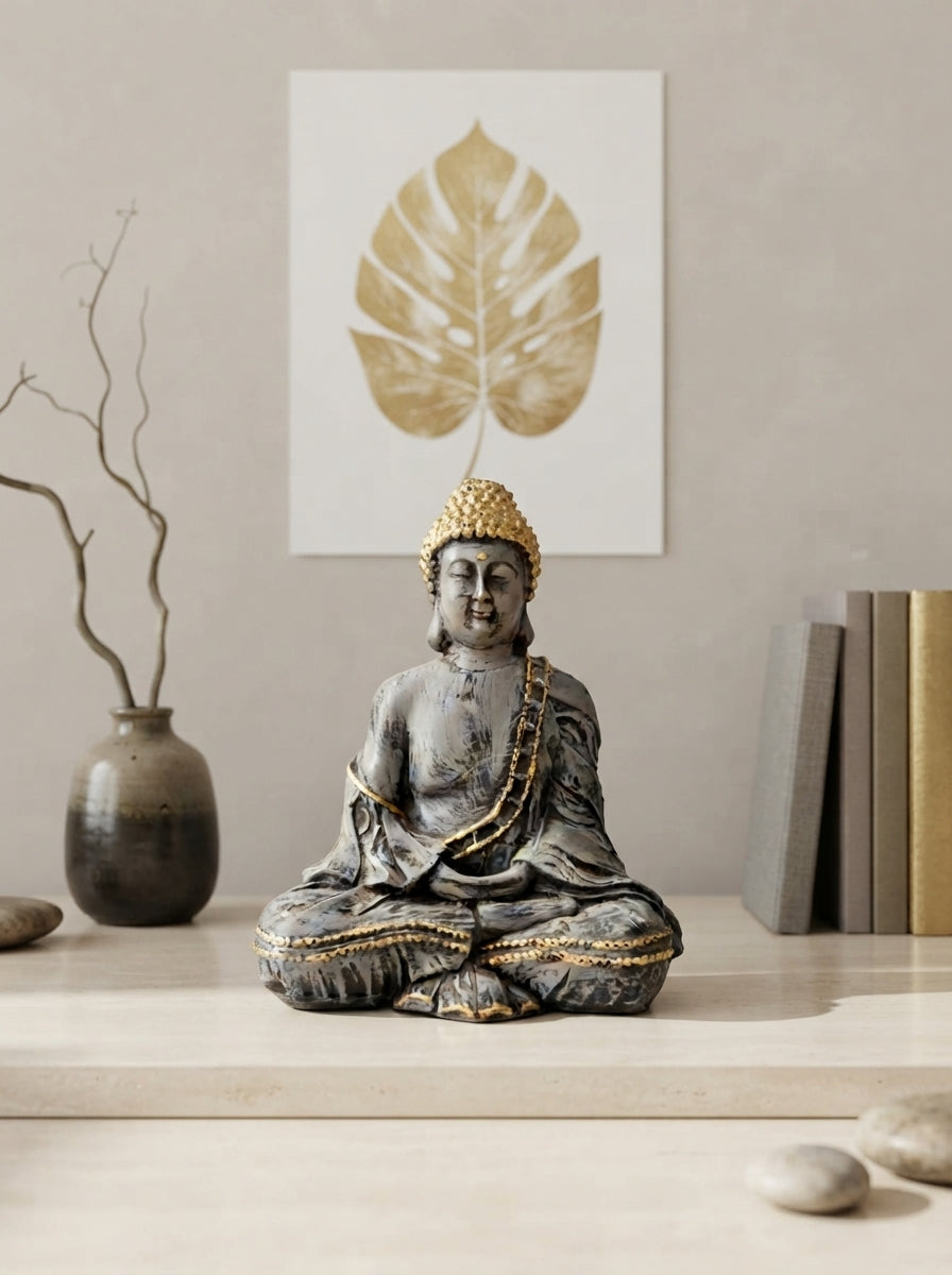 Stone Grey Gold Buddha Statue | Zen Decor