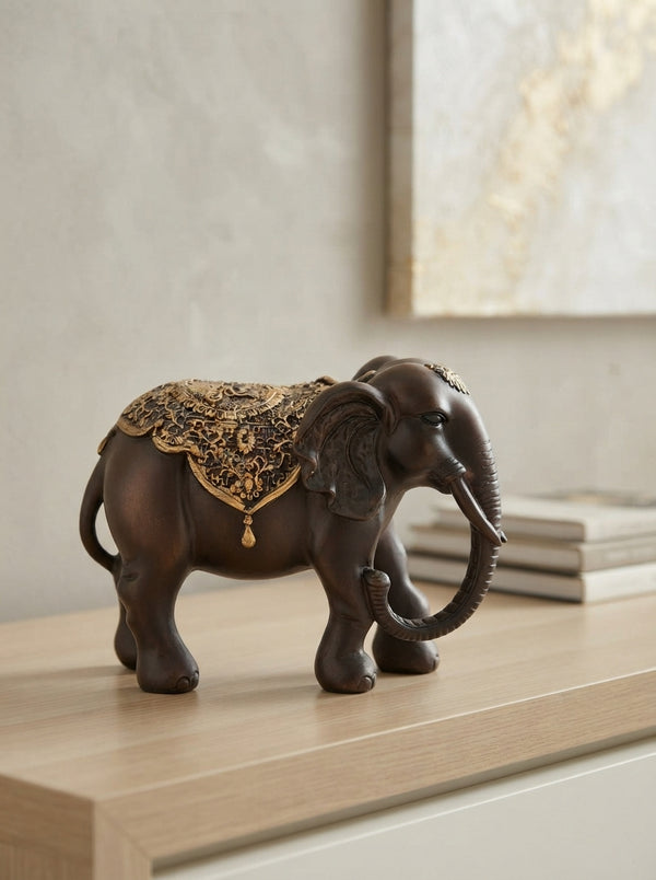 Brown Gold Embossed Elephant Statue 11"x9"x6" | Decor