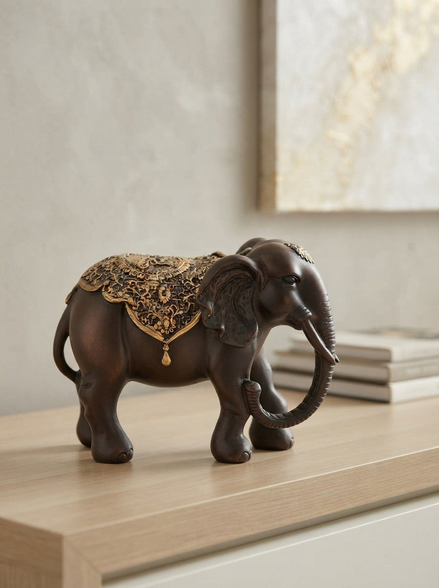 Brown Gold Embossed Elephant Statue 11"x9"x6" | Decor