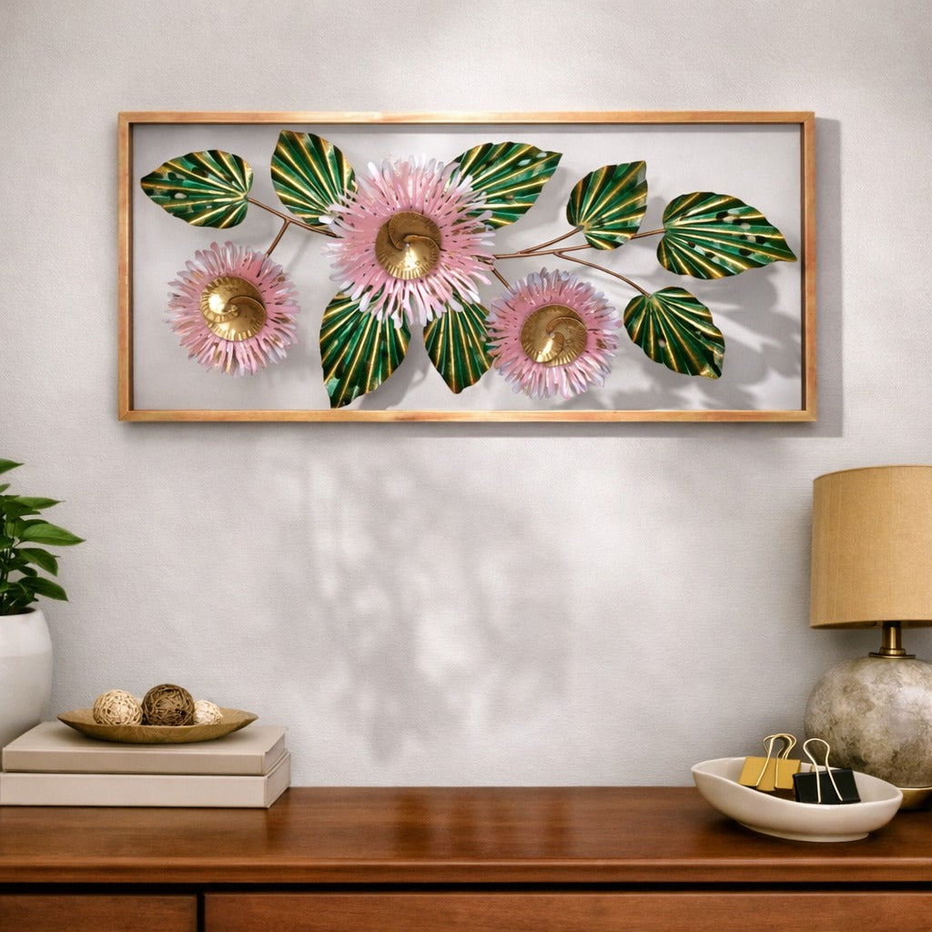 Framed 3 Flower Wall Art 38" x 18" – Decorative Metal Floral Wall Decor for Living Room & Bedroom