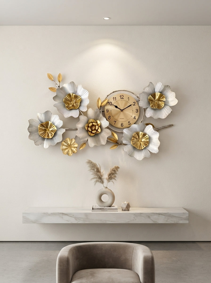 Metal Flower Wall Clock | Silver & Gold Floral Wall Art Decor