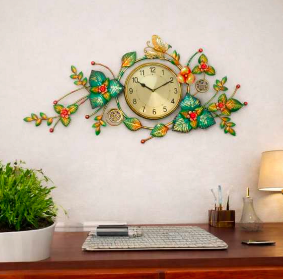 Leaf Surrounded Metal Wall Clock 42" x 22" – Decorative Nature-Inspired Clock for Living Room & Home Decor