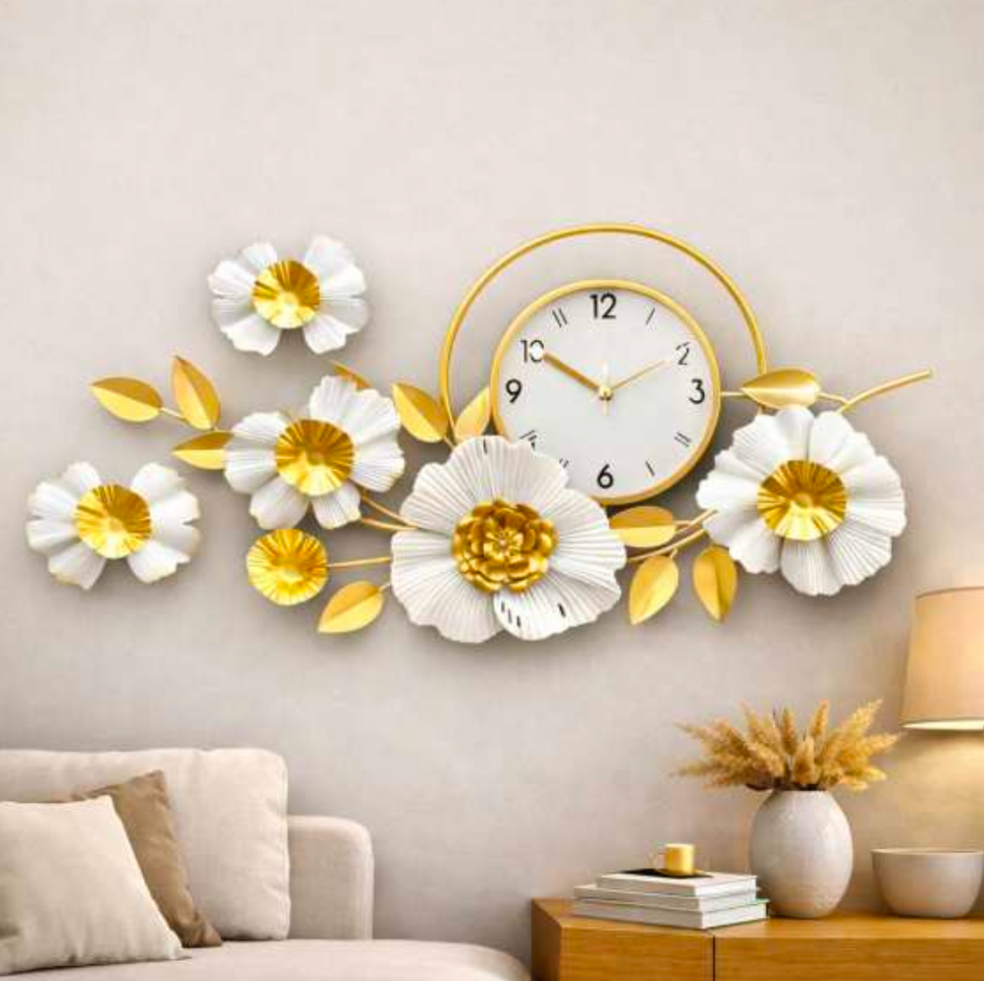 Gold and White Floral Wall Clock 42" x 19" – Decorative Metal Flower Clock for Living Room & Home Decor