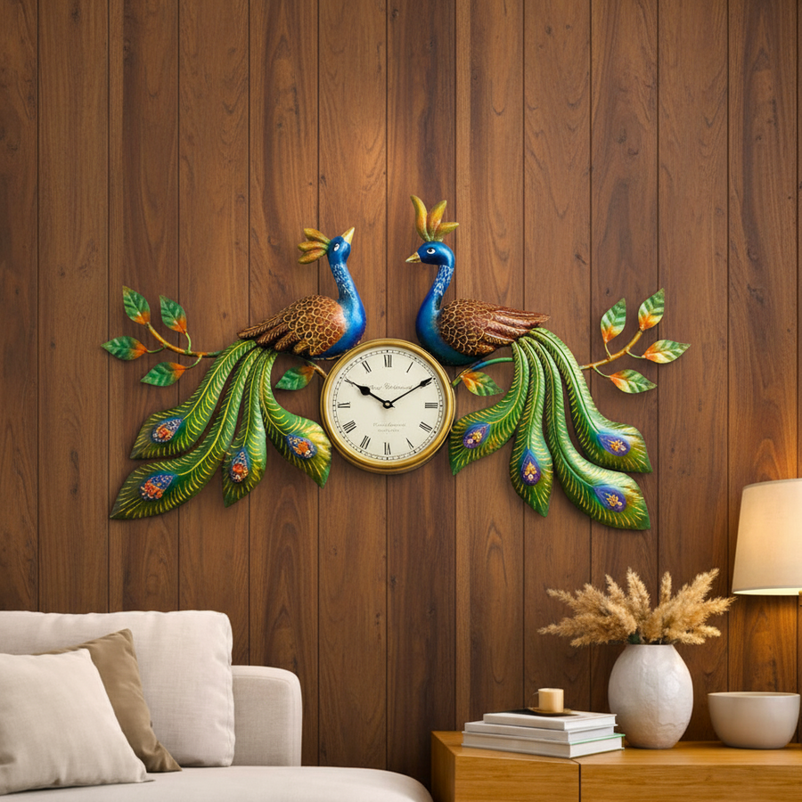 Peacock Wall Clock 30" x 18" – Decorative Metal Peacock Clock for Living Room & Home Decor