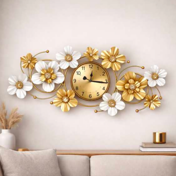 Floral Metal Wall Clock 42" x 19" – Decorative Flower Wall Clock for Living Room & Home Decor