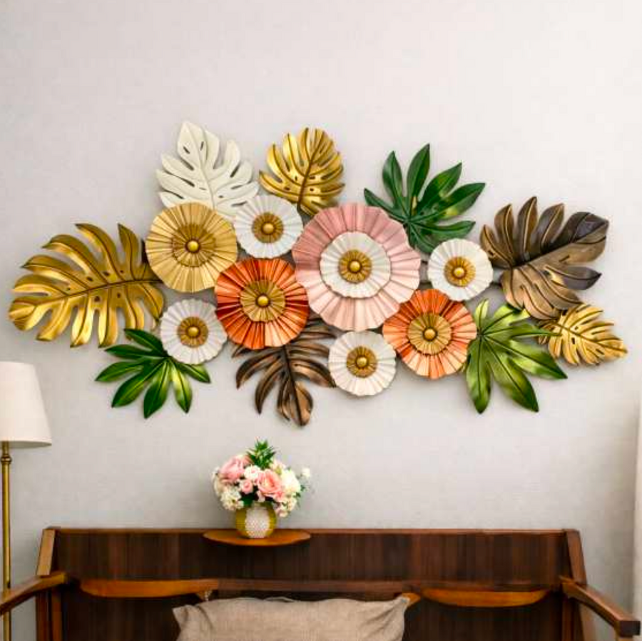 Multicolour Flowers and Leaves Wall Art 48" x 26" – Decorative Metal Floral Wall Decor for Living Room & Home Interiors